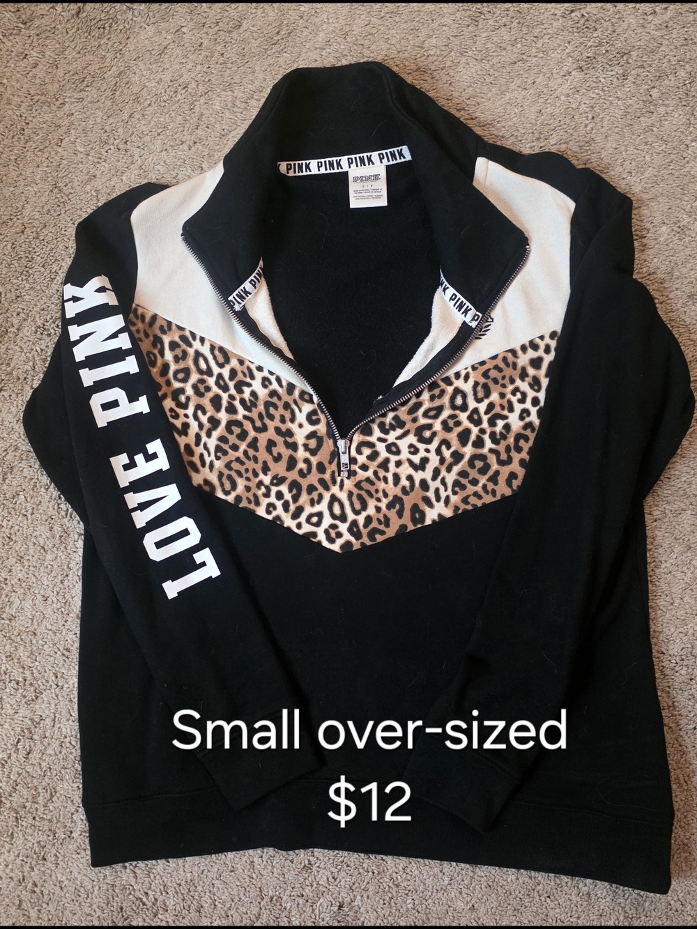 PINK Victoria's Secret Black and Cream Leopard Quarter-Zip Pullover